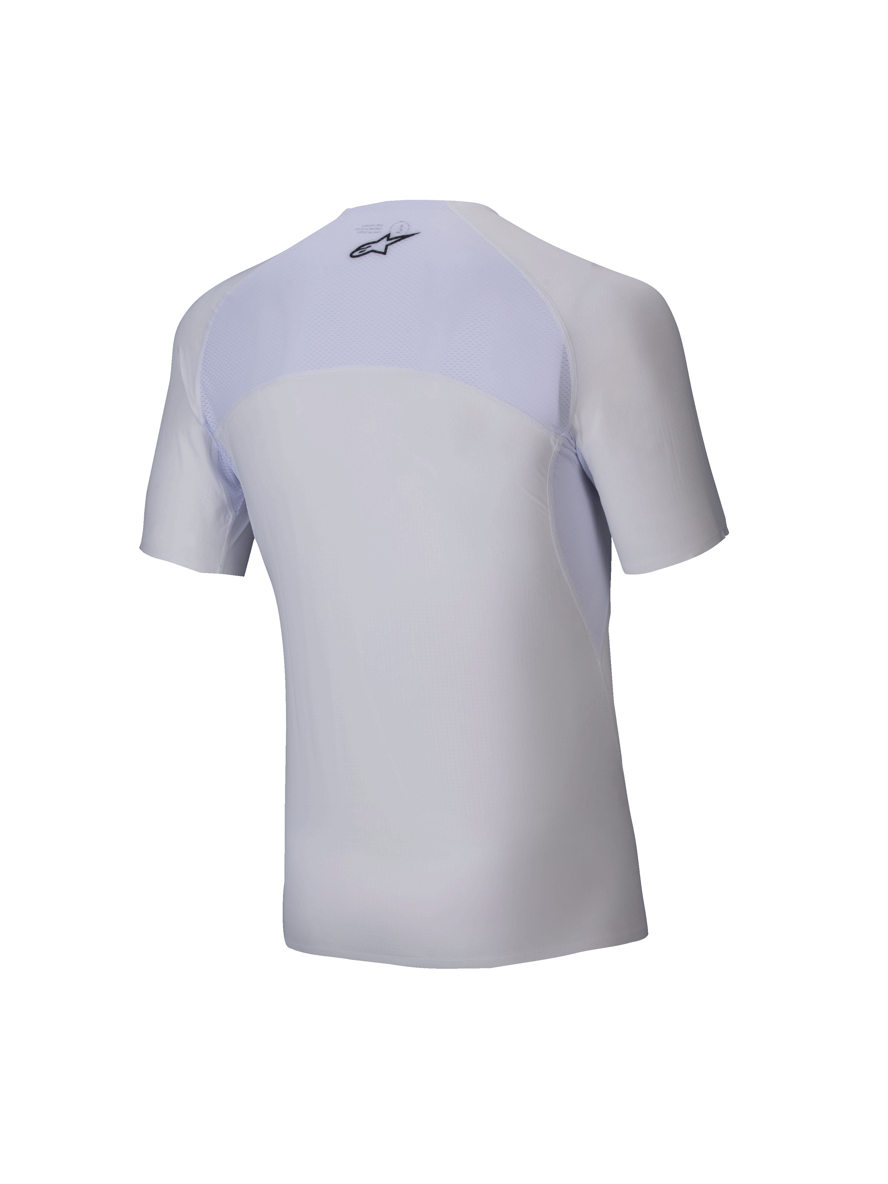Alpinestars Tech KX Sim Top - Short Sleeve, White Karting Base Layer, back view, features breathable mesh upper back panel, black Alpinestars logo at the neck, ergonomic stretch material for racing performance