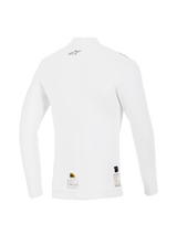 Alpinestars ZX Evo V3 Long Sleeve Top, White, Back View, Flame-resistant auto racing base layer featuring a small grey Alpinestars logo on the upper back and certification labels at the hem, performance fit with soft texture