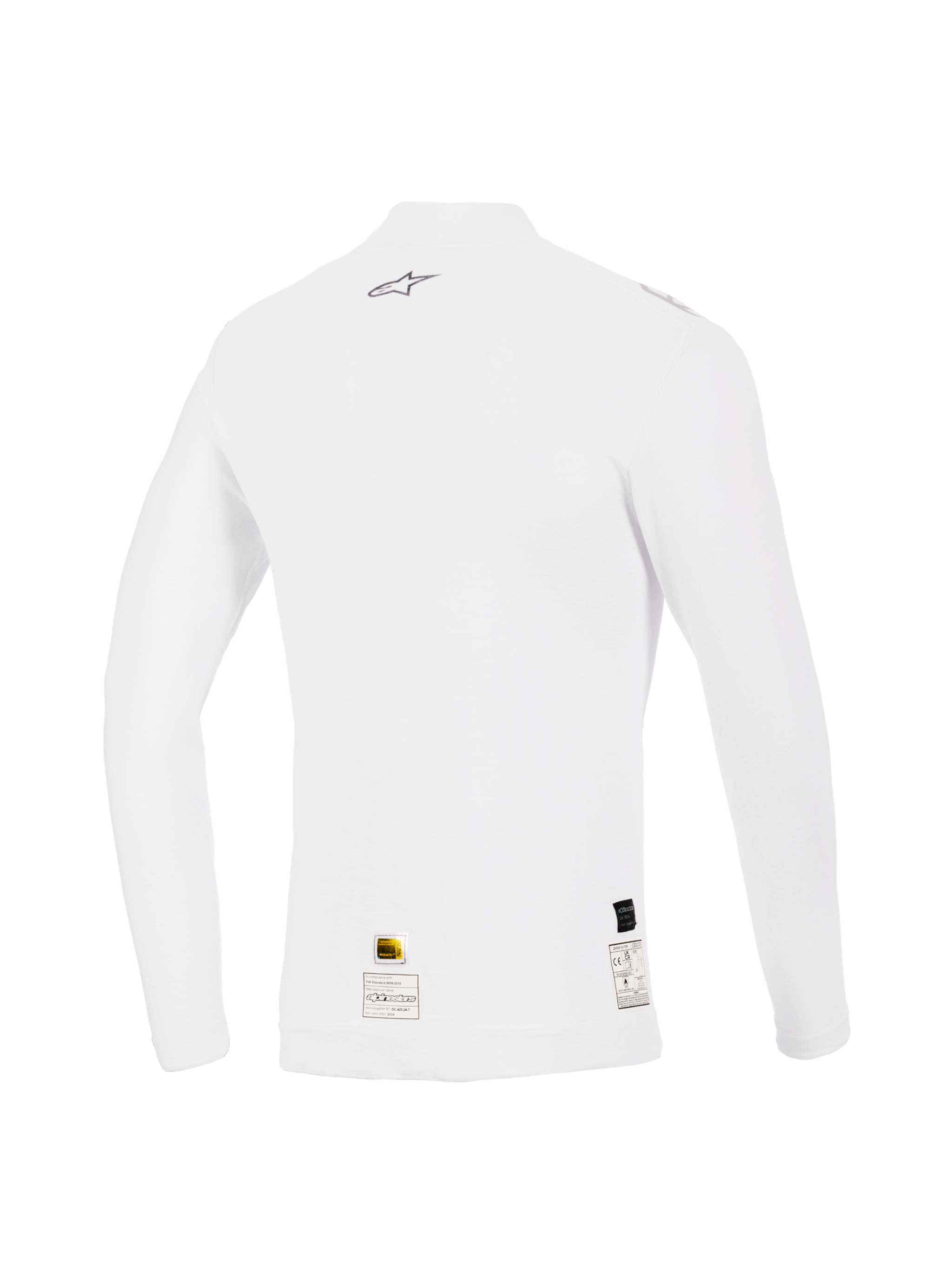 Alpinestars ZX Evo V3 Long Sleeve Top, White, Back View, Flame-resistant auto racing base layer featuring a small grey Alpinestars logo on the upper back and certification labels at the hem, performance fit with soft texture