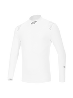 Alpinestars ZX Evo V3 Long Sleeve Top, White auto racing base layer, flame-resistant design with a black star logo on the collar and faint white logos on the shoulders, professional motorsport gear.