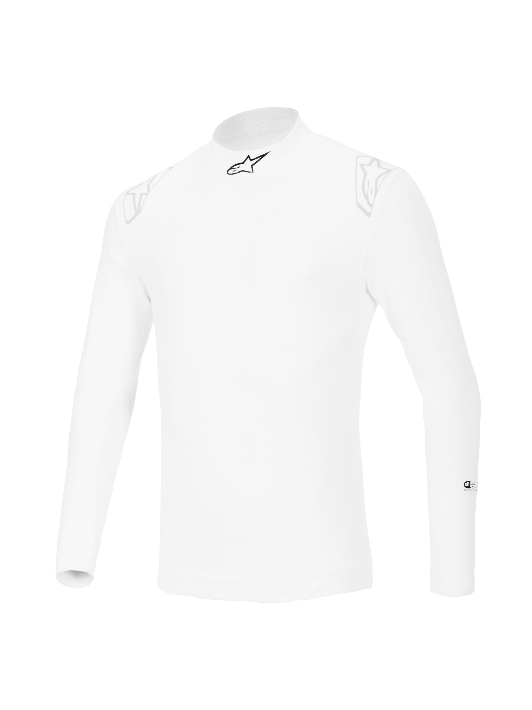 Alpinestars ZX Evo V3 Long Sleeve Top, White auto racing base layer, flame-resistant design with a black star logo on the collar and faint white logos on the shoulders, professional motorsport gear.