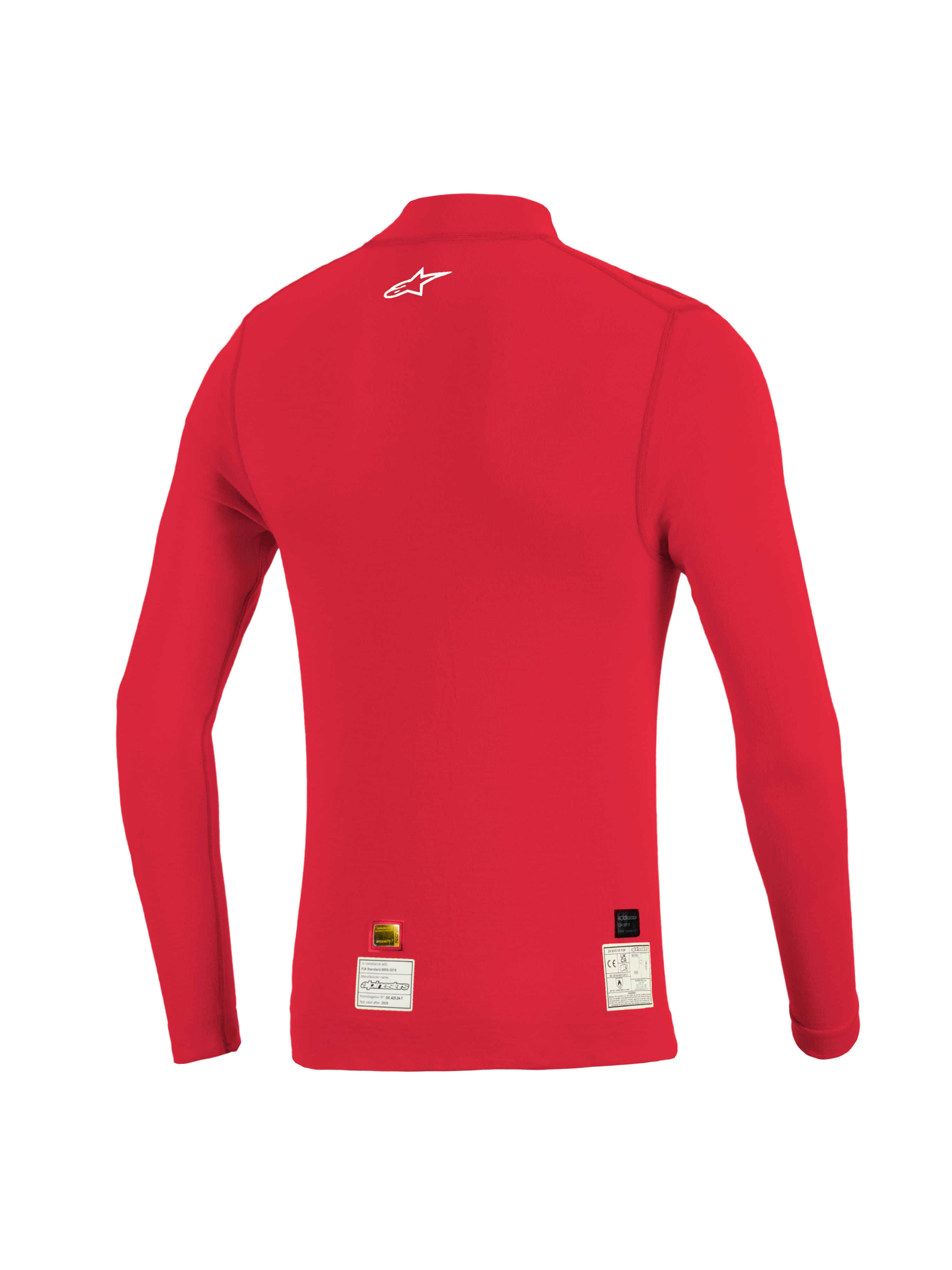 Alpinestars ZX Evo V3 Top, Long Sleeve Auto Racing Base Layer, Red, back view, lightweight flame-resistant material with jacquard mesh construction for breathability