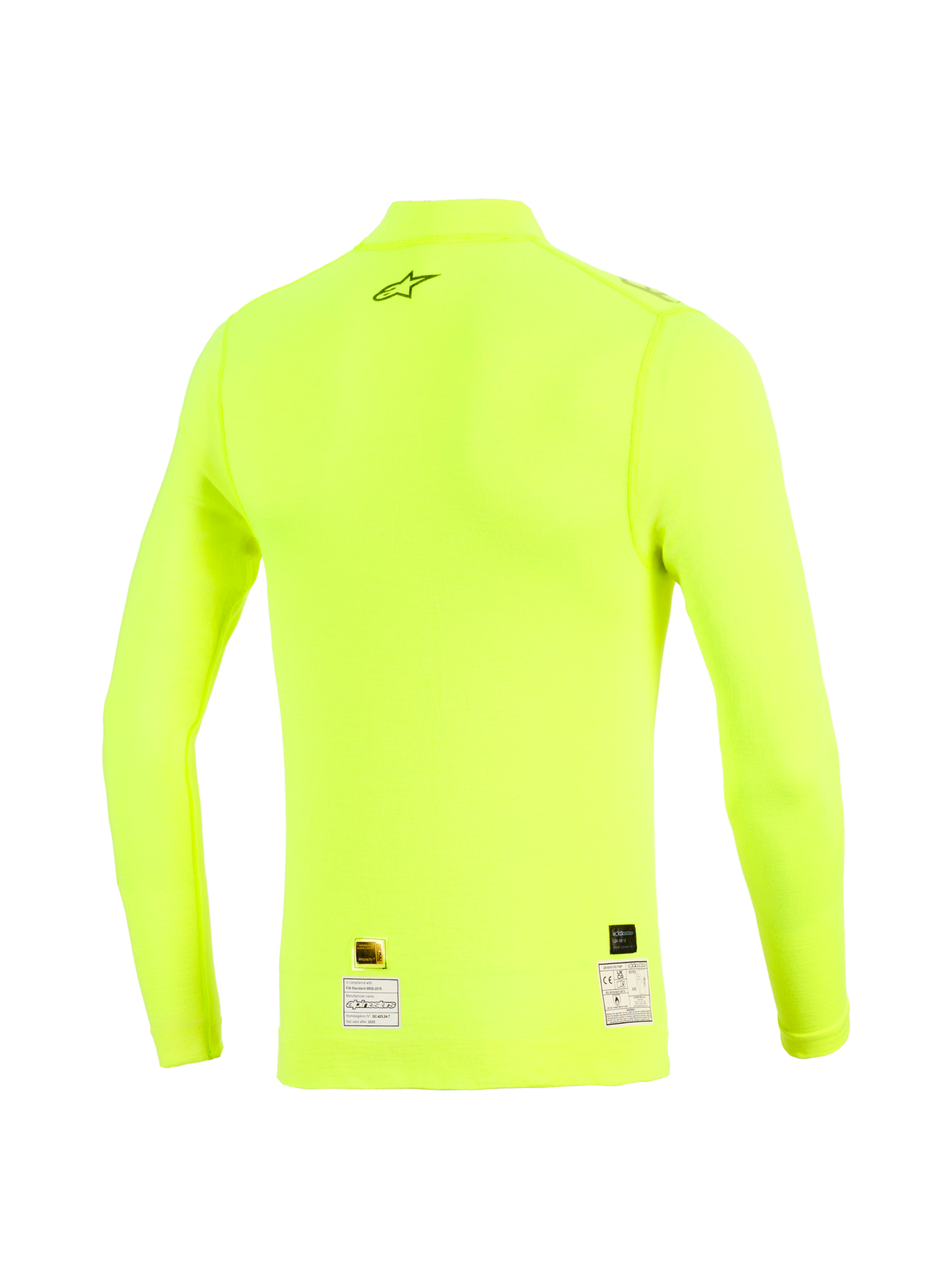 Alpinestars ZX Evo V3 Long Sleeve Top, Back View, Yellow Fluo, fluorescent yellow flame-resistant base layer with black star logo on upper back and certification labels at the hem, technical motorsport apparel