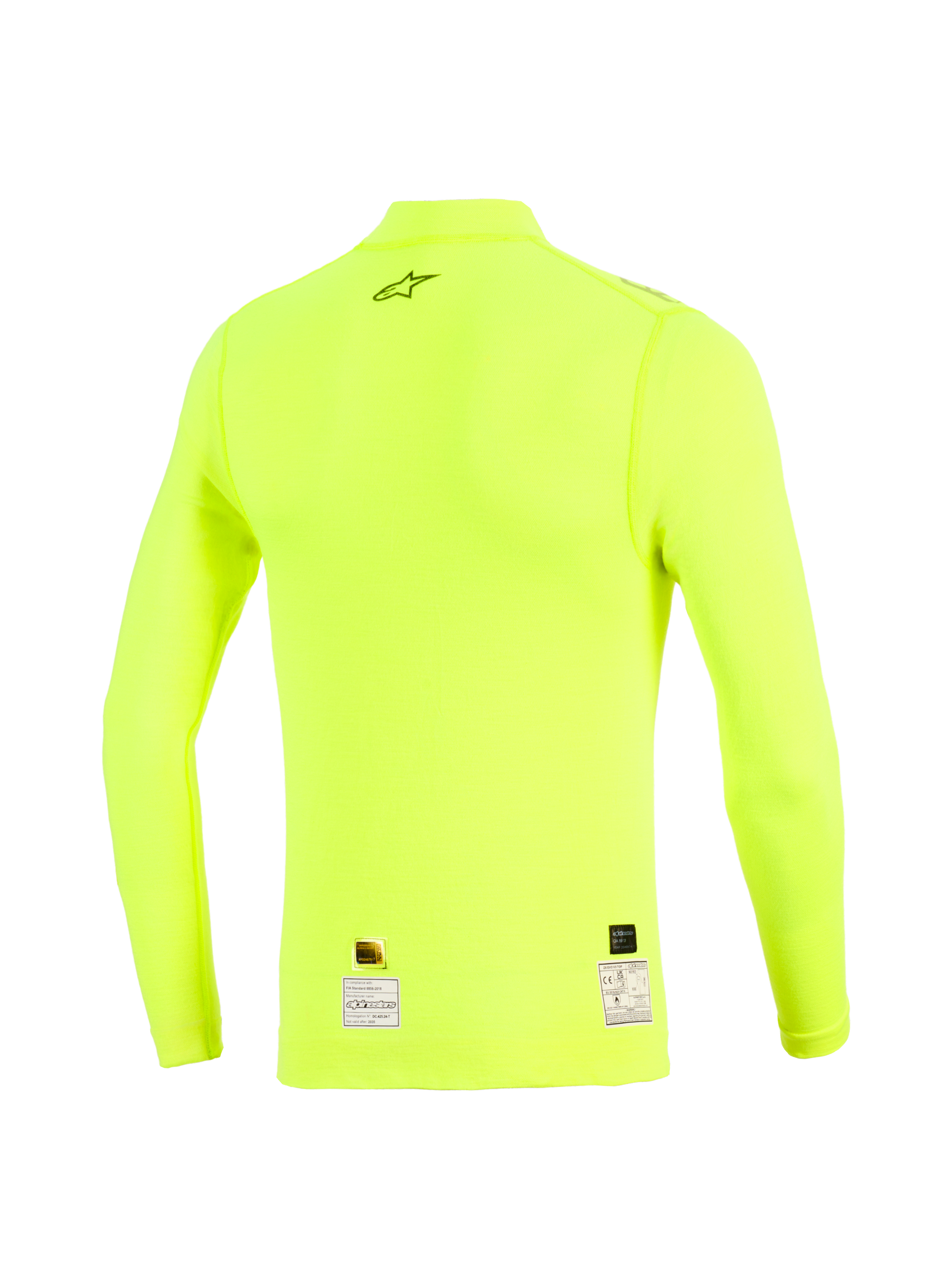 Alpinestars ZX Evo V3 Long Sleeve Top, Back View, Yellow Fluo, fluorescent yellow flame-resistant base layer with black star logo on upper back and certification labels at the hem, technical motorsport apparel