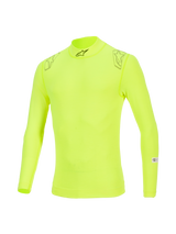 Alpinestars ZX Evo V3 Top, Long Sleeve Base Layer, Yellow Fluo, featuring a high collar with black logo, star graphics on shoulders, and FIA/SFI certification labels on the sleeve, technical flame-resistant motorsport underwear.