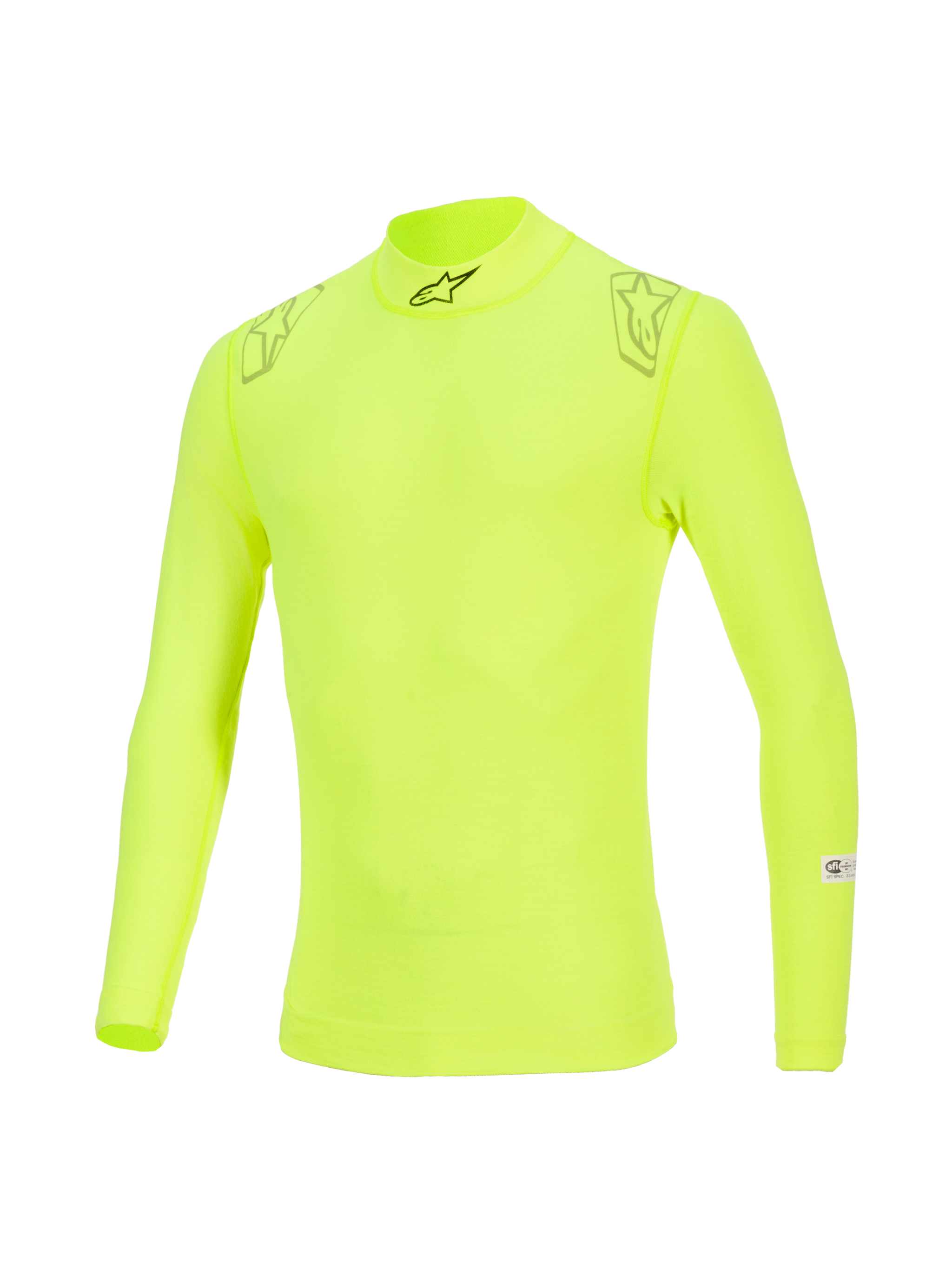 Alpinestars ZX Evo V3 Top, Long Sleeve Base Layer, Yellow Fluo, featuring a high collar with black logo, star graphics on shoulders, and FIA/SFI certification labels on the sleeve, technical flame-resistant motorsport underwear.