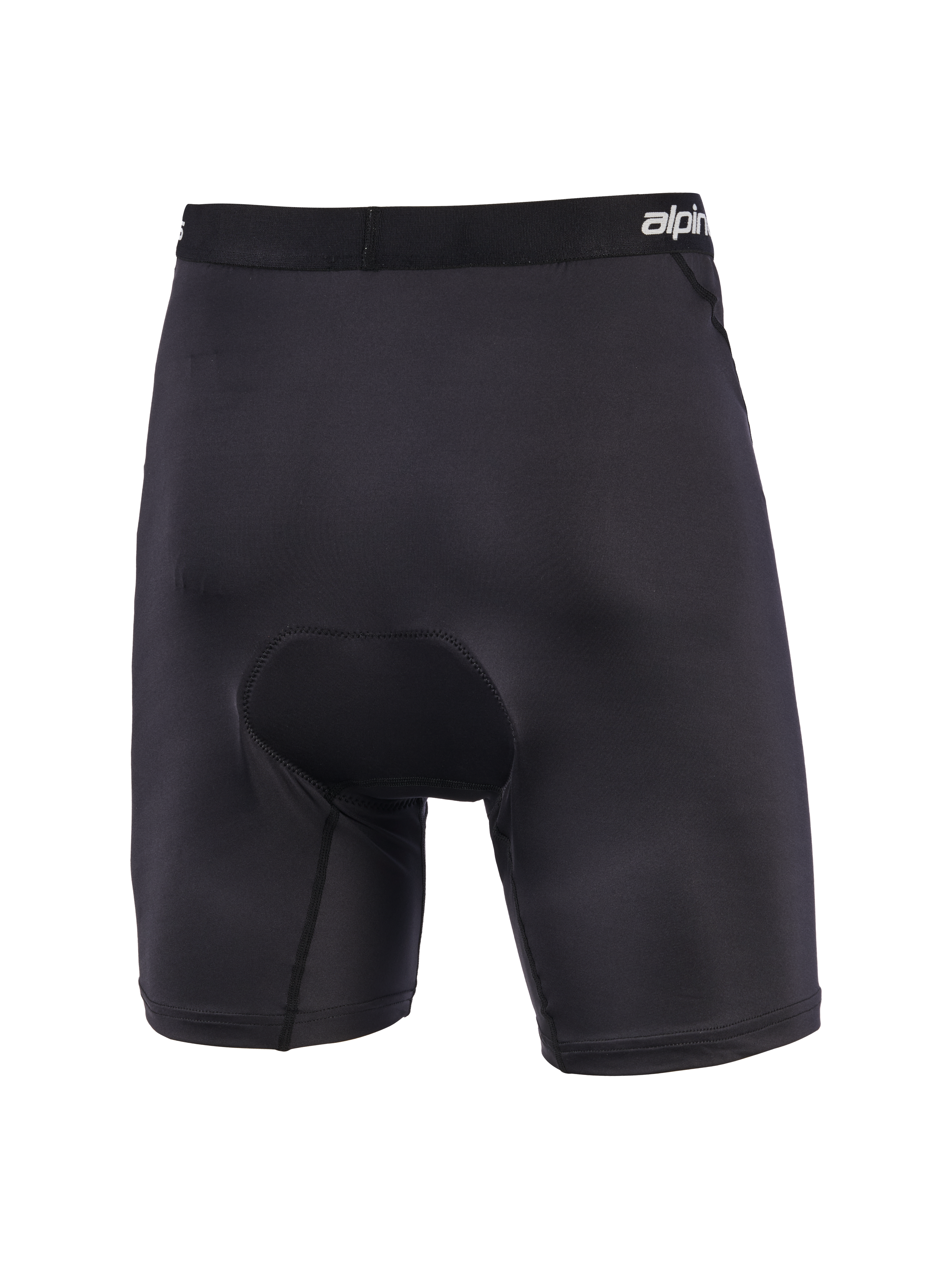 Alpinestars MX Boxer Padded, Black Motocross Padded Base Layer Shorts, rear view showing multi-density chamois seat padding, branded elastic waistband, ergonomic stretch construction for off-road riding comfort.