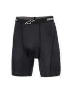 Alpinestars MX Boxer Padded, Motocross Base Layer, Black, compression shorts featuring a branded elastic waistband with white logo, vertical flat-profile stitching, and smooth-knit stretch fabric designed for off-road riding comfort