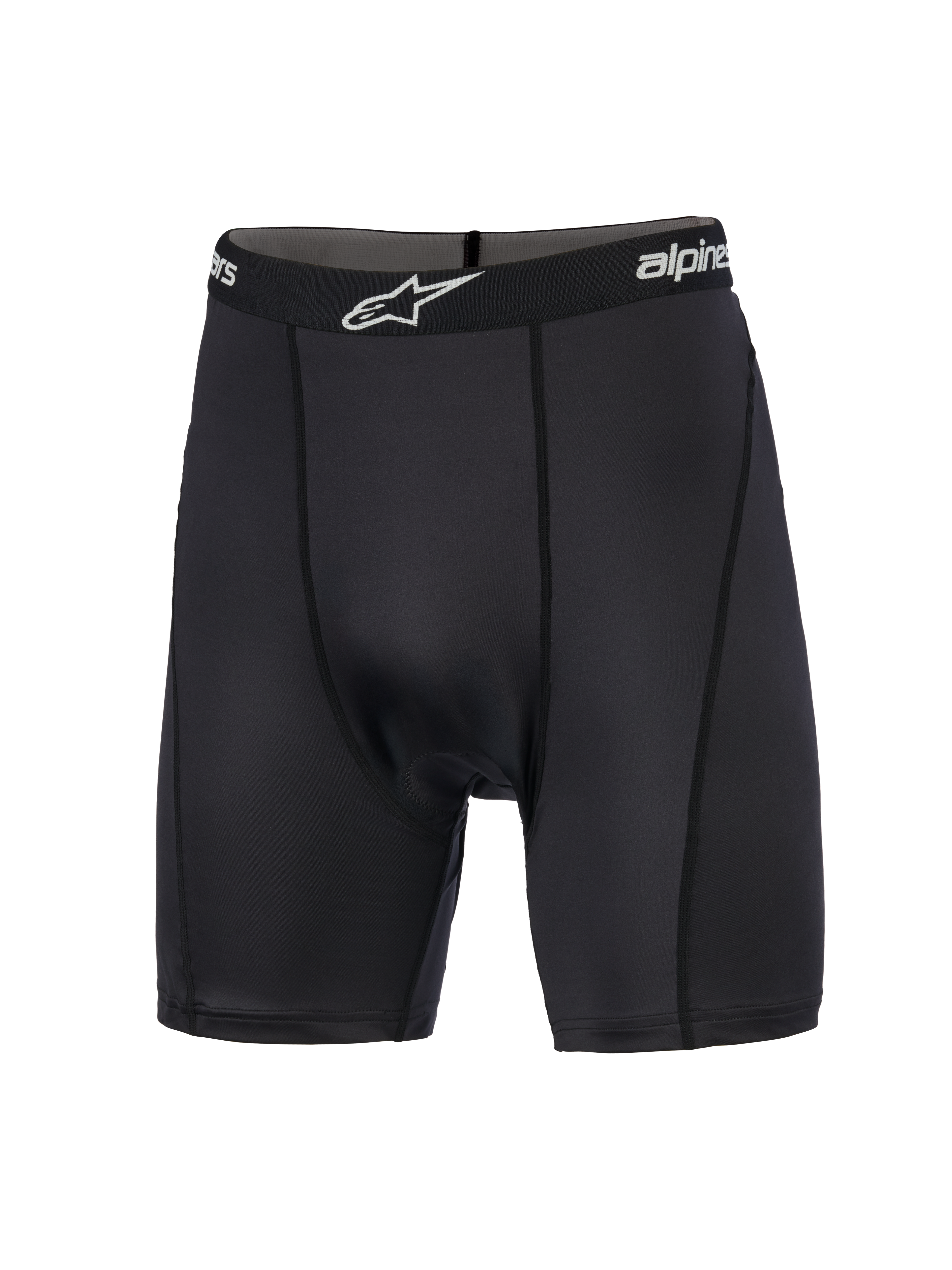 Alpinestars MX Boxer Padded, Motocross Base Layer, Black, compression shorts featuring a branded elastic waistband with white logo, vertical flat-profile stitching, and smooth-knit stretch fabric designed for off-road riding comfort