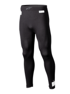 Alpinestars ZX Evo V3 Bottom, Black Motorsport Base Layer Leggings, Flame-resistant racing underwear, full-length design with white FIA and SFI certification labels, elastic waistband with grey Astars logo, sleek tapered fit