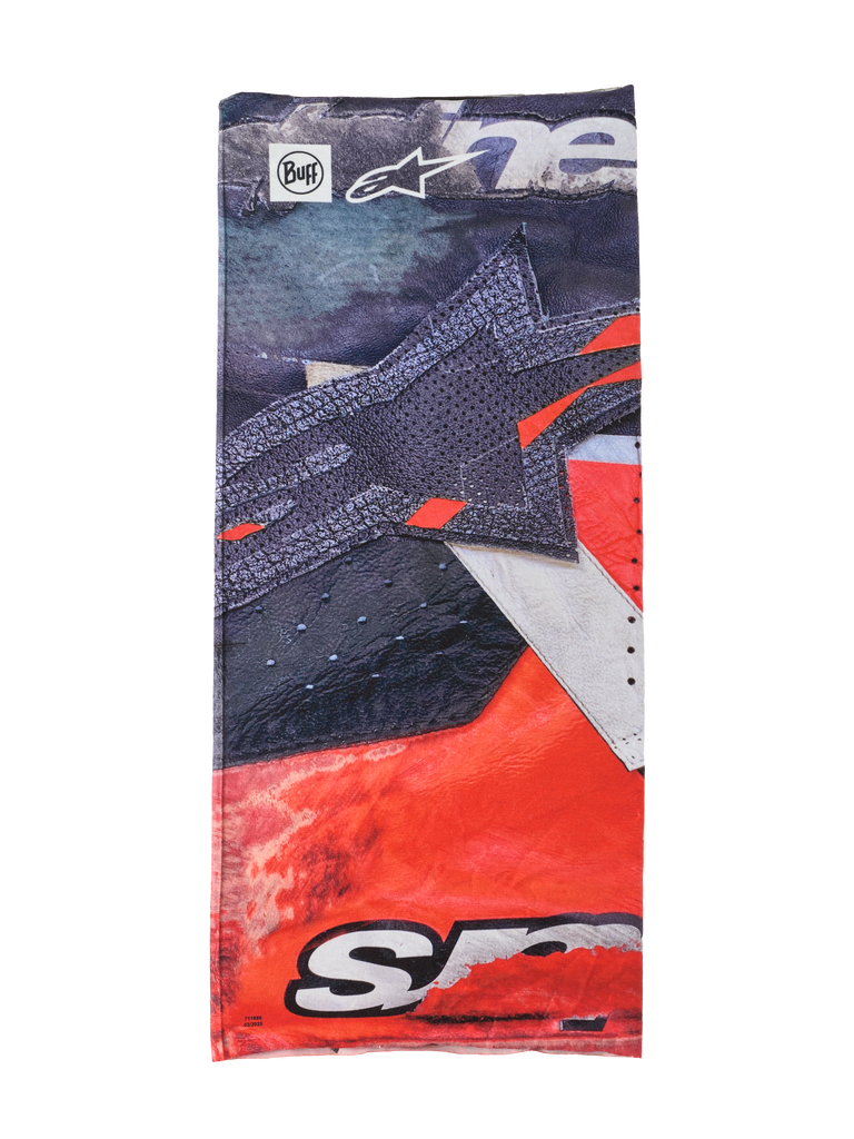 Alpinestars Buff Ignite Neck Tube, multi-functional neckwear, black and bright red with white details, featuring large star graphic, Alpinestars and Buff logos, sporty design for motorcycle riding
