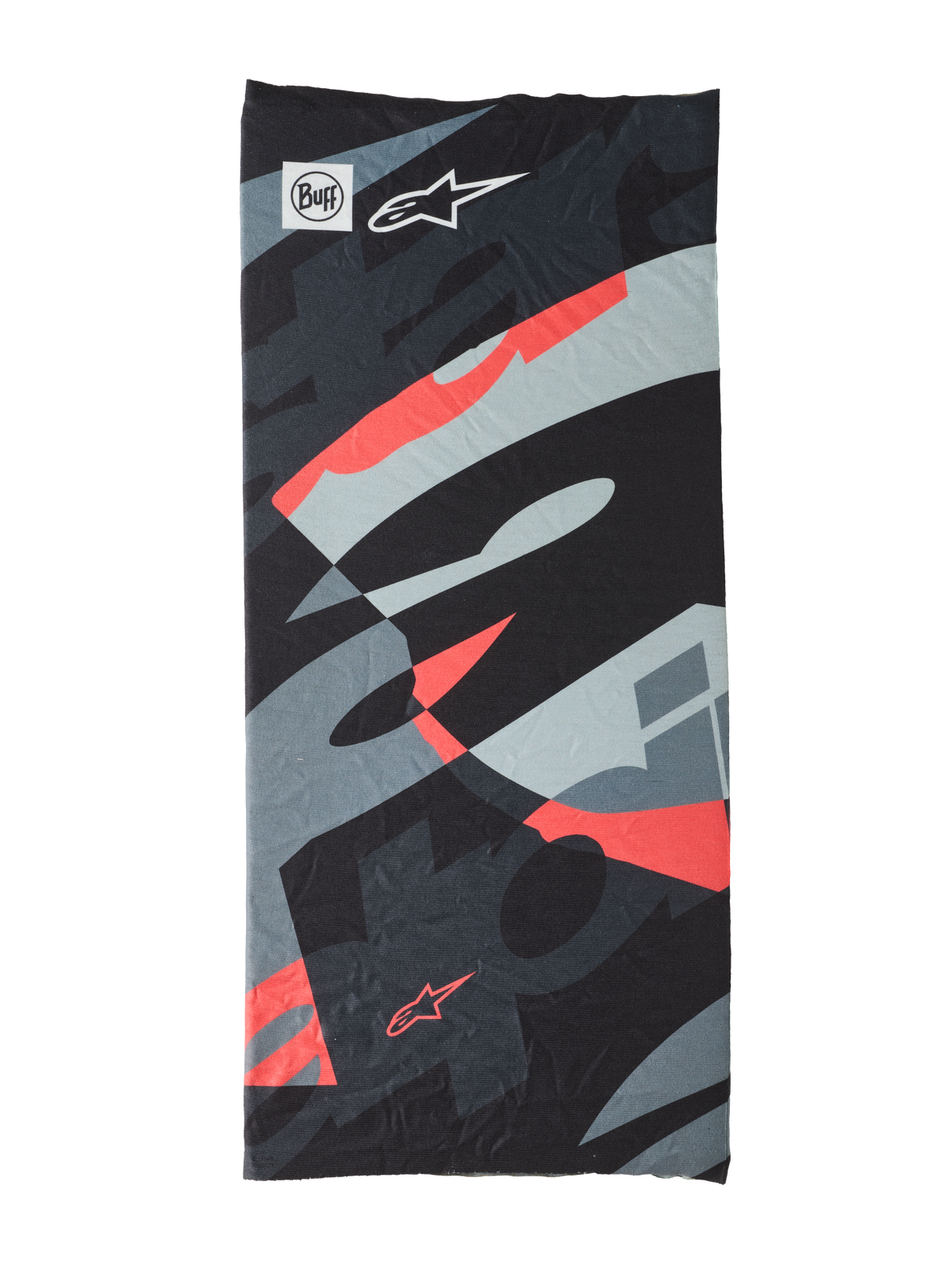 Buff Mogress Neck Tube, multifunctional headwear, Black Camo Red Fluo, abstract pattern in black, gray, and fluorescent red, lightweight seamless fabric featuring Buff and Alpinestars star logos
