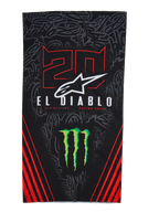 Alpinestars FQ20 Neck Tube Monster, lightweight motorcycle neck tube, Black with Red and Green accents, featuring '20' and 'EL DIABLO' graphics, Monster Energy claw logo, white Alpinestars logo, and red diagonal stripes on a tonal graffiti background