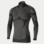 Alpinestars Ride Tech Top Long Sleeve Winter, Motorcycle Base Layer, Black and Gray, technical long-sleeve top with dual-density honeycomb textured panels, compression fit, mock neck with white Alpinestars logo, performance thermal underwear for cold weather