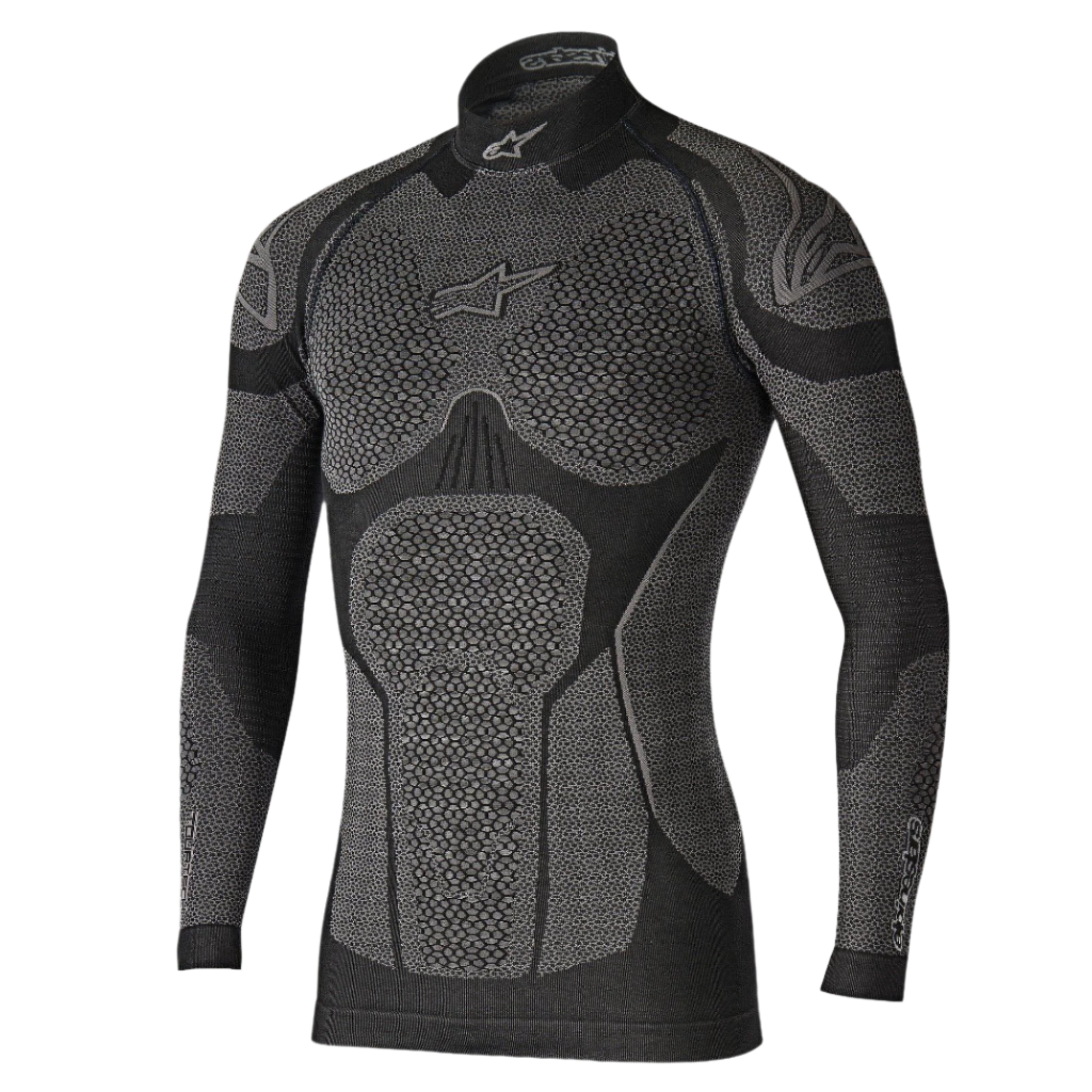 Alpinestars Ride Tech Top Long Sleeve Winter, Technical Base Layer, Black and Gray, featuring honeycomb textured panels, mock neck design, and compression fit for cold weather motorcycle riding
