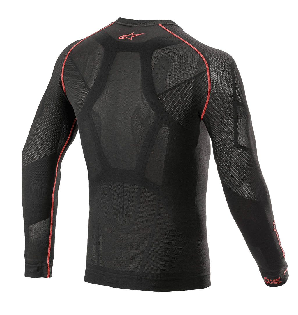Alpinestars Ride Tech V2 Top Long Sleeve Summer, Motorcycle Base Layer, Black and Red, back view featuring body-mapped construction with open mesh inserts, red flatlock seams, and red Alpinestars logo on the back collar, technical underlayer for warm weather.