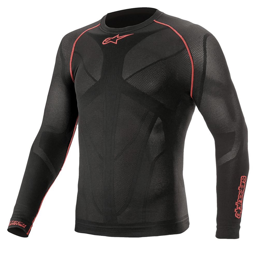 Alpinestars Ride Tech V2 Top Long Sleeve Summer, Motorcycle Base Layer, Black and Red, featuring breathable body-mapped mesh panels, red flatlock stitching on shoulders, and Alpinestars logos on the chest and sleeve