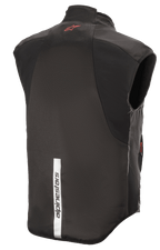 Alpinestars HT Heat Tech Vest, Black, Rear view featuring a red Astars logo on the upper back and a vertical reflective white strip with Alpinestars branding on the lower back, motorcycle heated base layer
