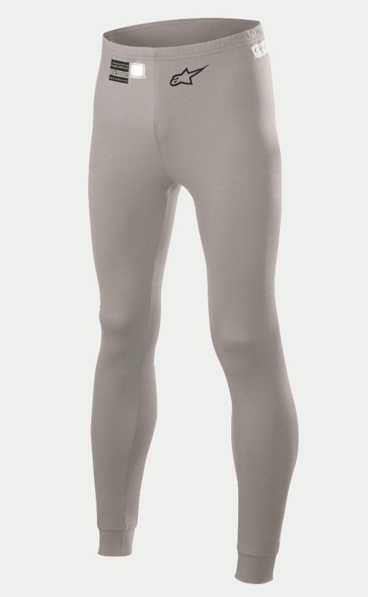Alpinestars Race V2 Bottom FIA, Auto Racing Base Layer Pants, Mid Gray, featuring a black star logo on the leg and FIA homologation label on the waistband, lightweight flame-resistant fabric with cuffed ankles.