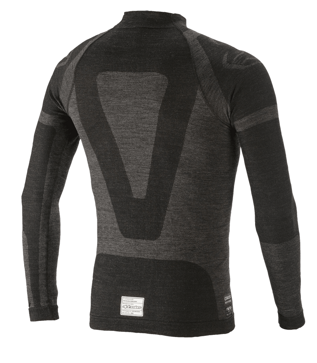 Alpinestars ZX Evo V2 Long Sleeve Top, Auto Racing Base Layer, Black and Gray, back view featuring a technical jacquard design, seamless tubular construction, and FIA/SFI certification tag at the hem