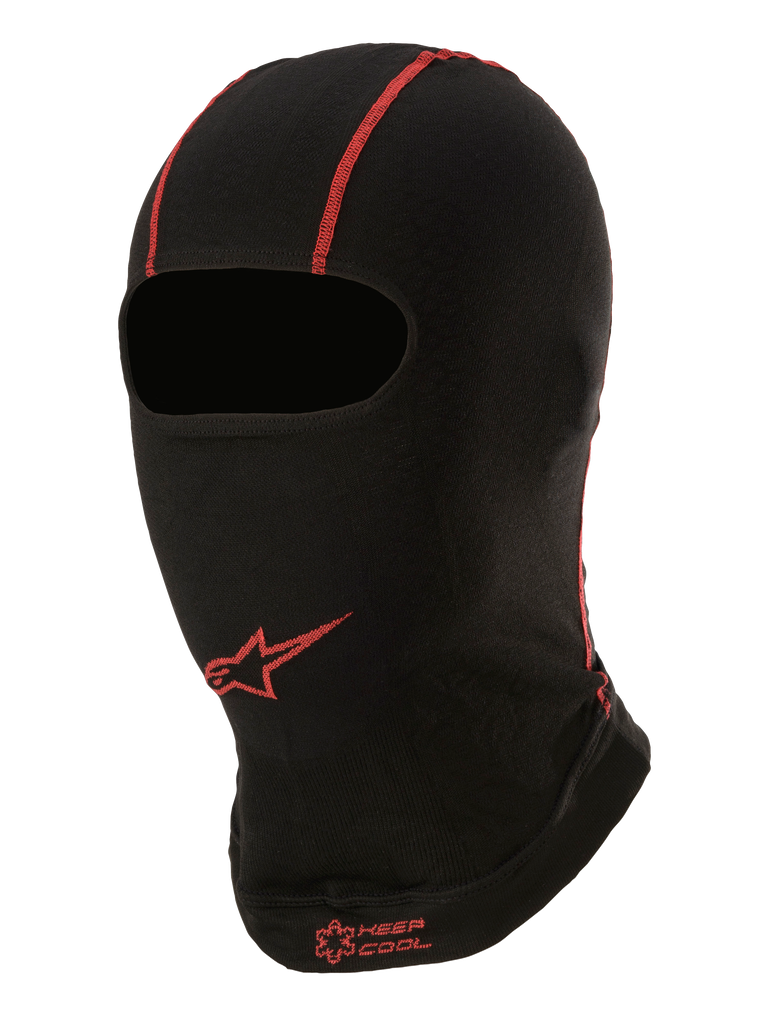 Alpinestars KX V2 Balaclava, Summer Under-Helmet Base Layer, Black with Red stitching, red Alpinestars star logo and "KEEP COOL" text, thin breathable fabric for karting and motorsport