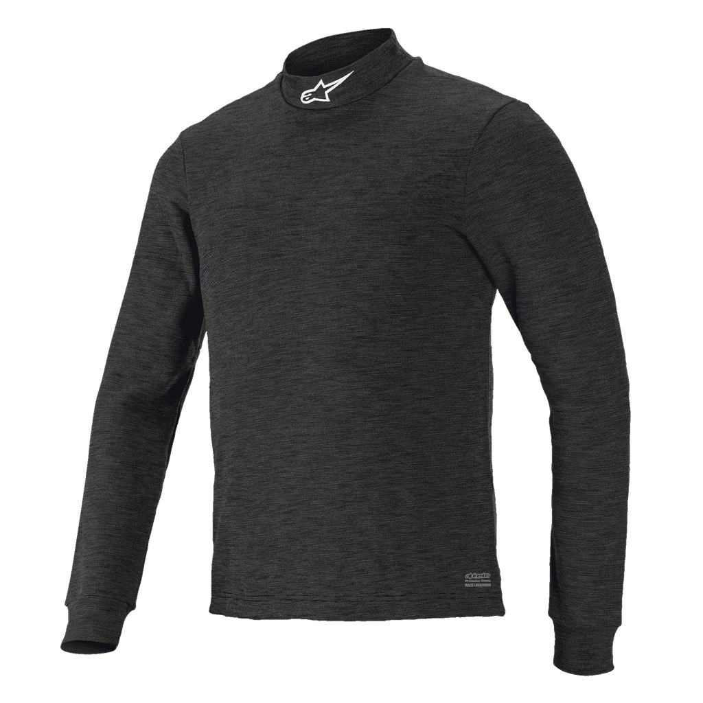 Alpinestars Race V3 Long Sleeve Top, Black textured base layer, high mock-neck collar with white logo, fitted design, flame-resistant motorsports performance wear