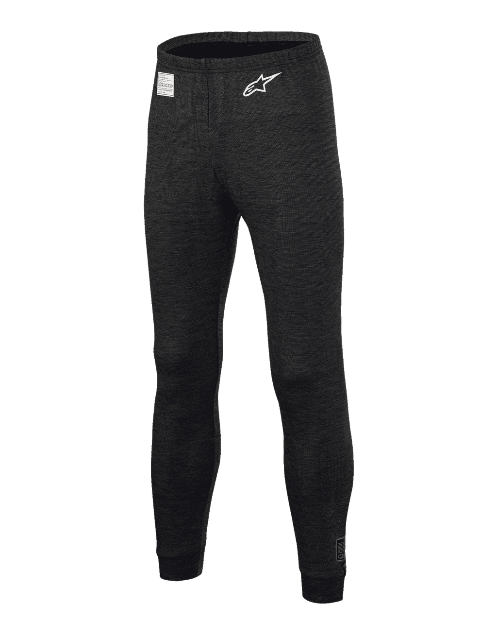 Alpinestars Race V3 Bottom, Auto Racing Base Layer Pants, Black, featuring flame-resistant textured fabric, white star logo on the thigh, FIA certification label on the waistband, full-length technical undergarment for professional motorsport