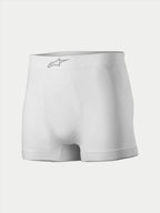 Alpinestars TECH ZX Boxer, Auto Racing Underwear, White, featuring a silver Alpinestars logo on the front waistband, lightweight flame-resistant fabric, base layer for motorsport