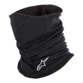 Alpinestars Tech Neck Warmer in Black, motorcycle neck tube with white embroidered logo, featuring perforated air holes and a double-layered fleece lining for thermal protection and wind-chill resistance.