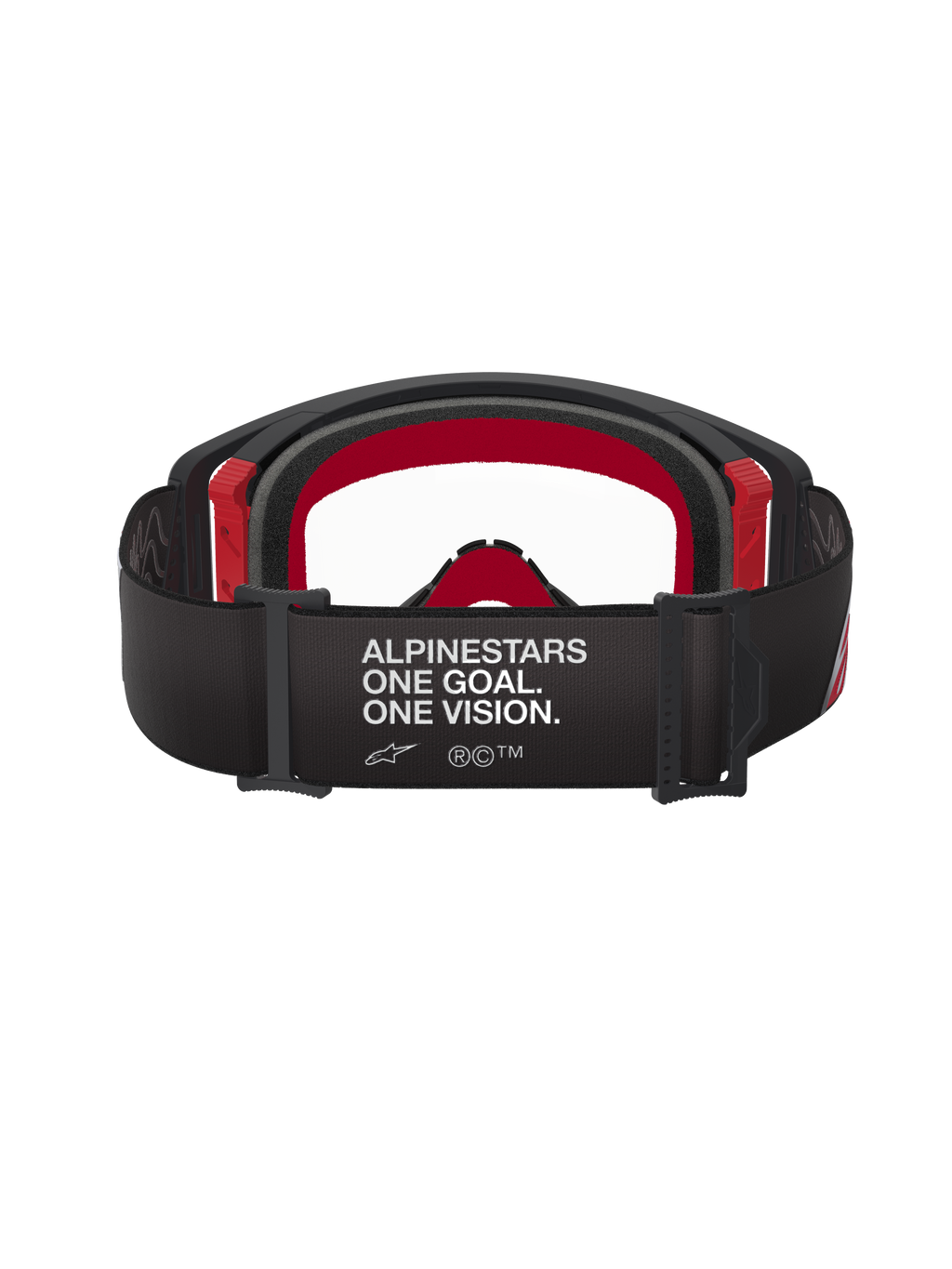 Alpinestars Supertech Corp Goggles, Motocross Goggles, Black and Red with Clear Lens, rear view showing wide black strap with white 'ALPINESTARS ONE GOAL. ONE VISION.' branding, multi-layer face foam and red frame accents