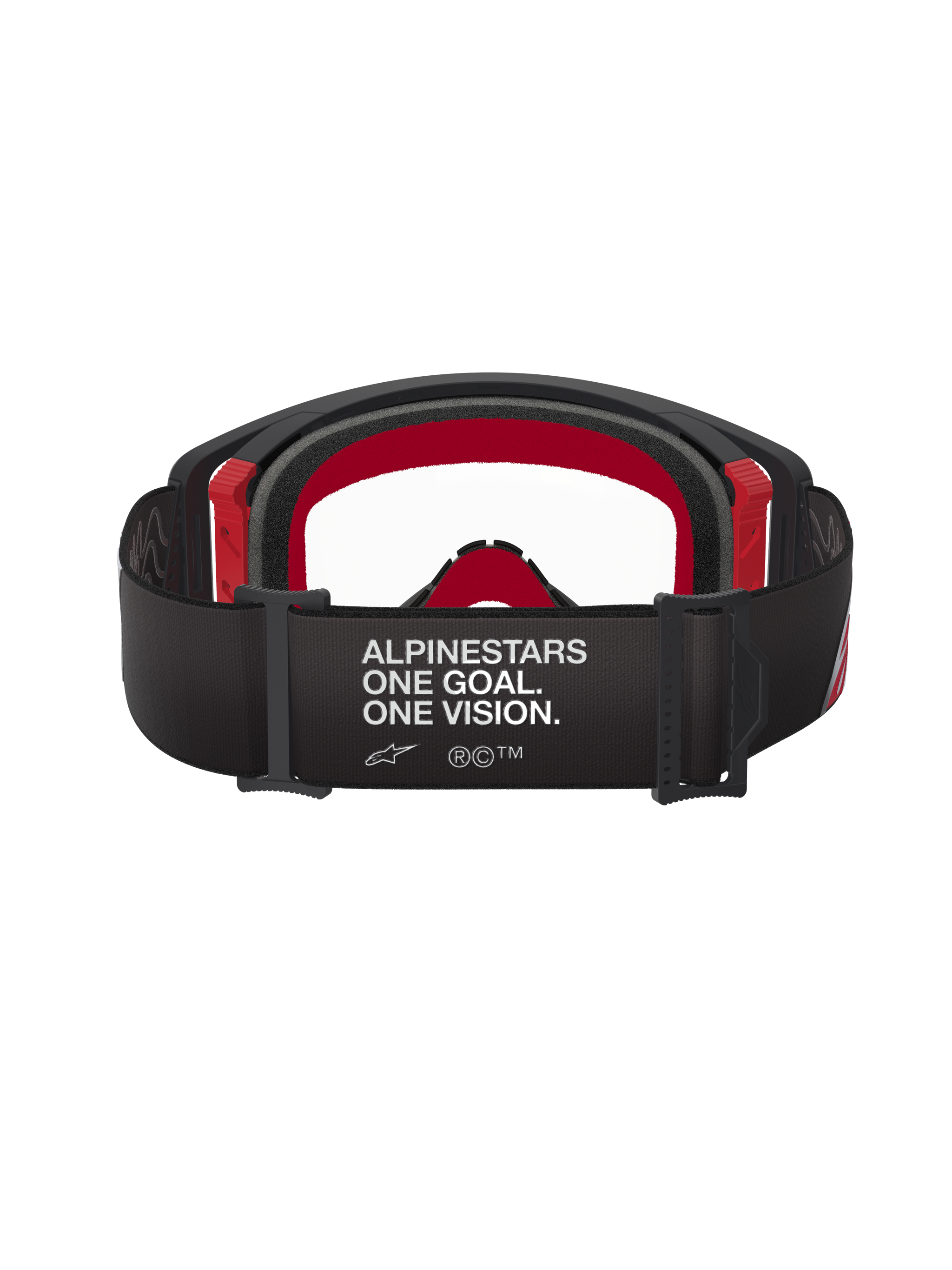 Alpinestars Supertech Corp Goggles, Motocross Goggles, Black and Red with Clear Lens, rear view showing wide black strap with white 'ALPINESTARS ONE GOAL. ONE VISION.' branding, multi-layer face foam and red frame accents