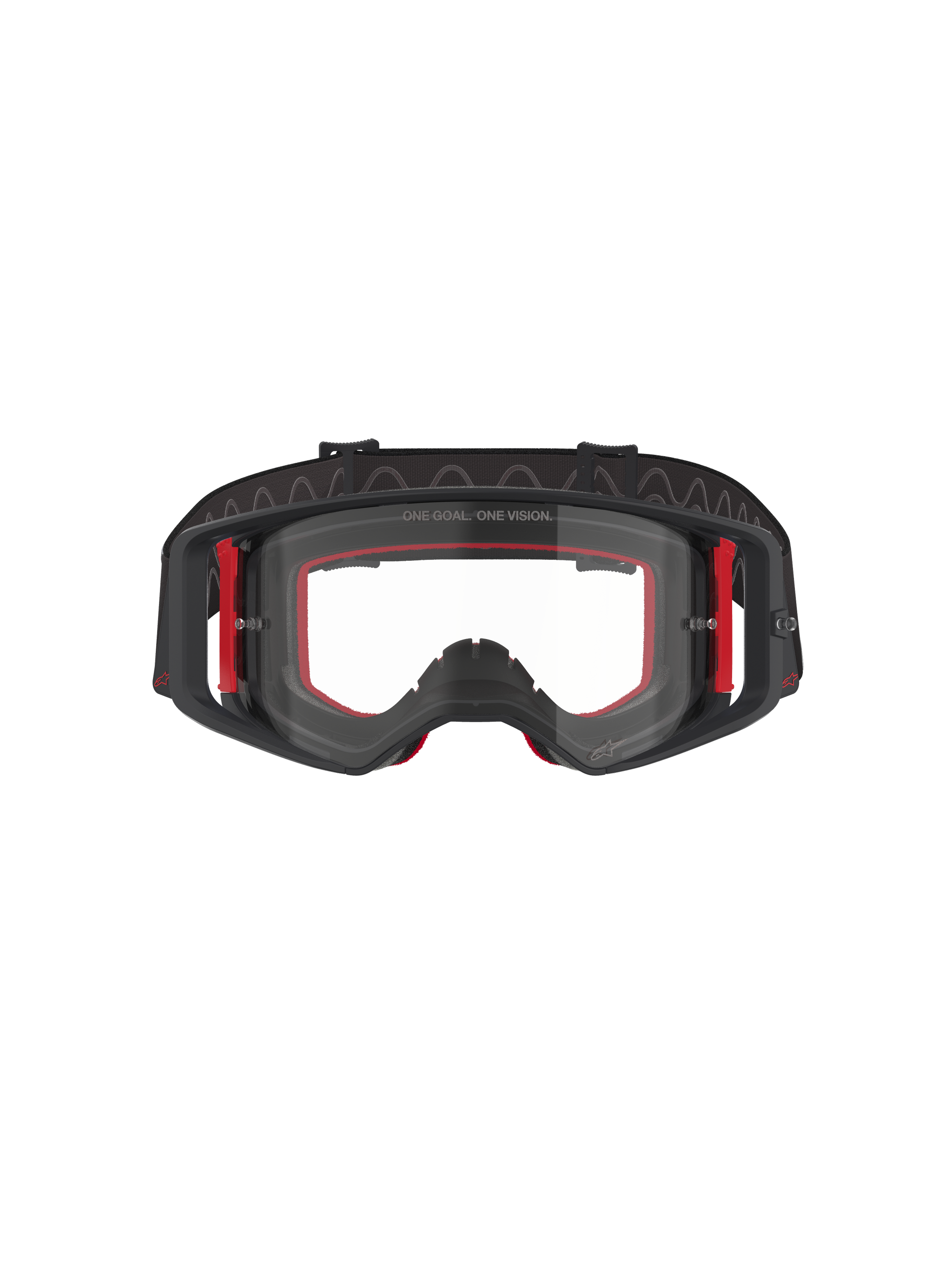 Alpinestars Supertech Corp Goggles, Motocross Goggles, Black Red and Clear, front view, clear lens with 'ONE GOAL. ONE VISION.' text, black frame with red side accents, wide field of vision, durable strap with wavy silicone grip