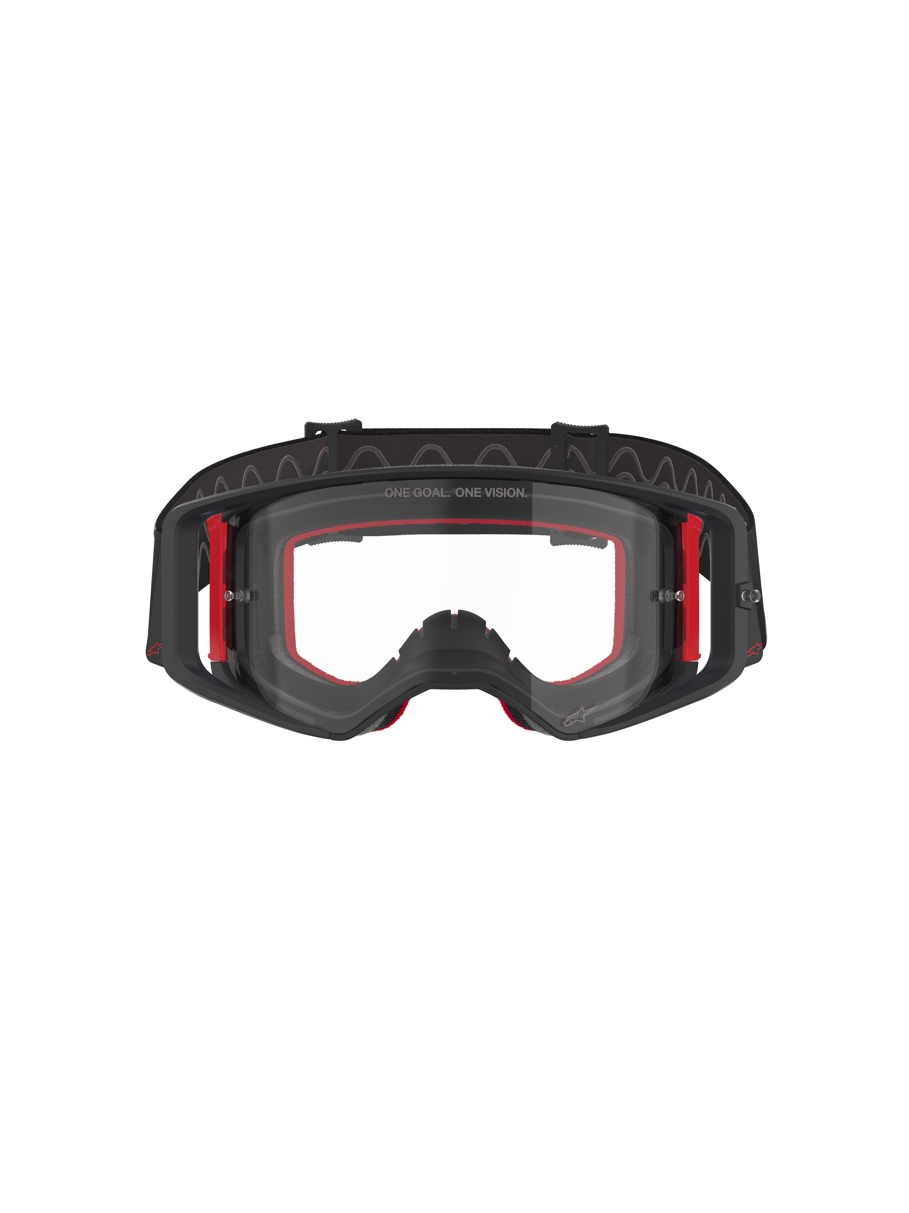Alpinestars Supertech Corp Goggles, Motocross Goggles, Black Red and Clear, front view, clear lens with 'ONE GOAL. ONE VISION.' text, black frame with red side accents, wide field of vision, durable strap with wavy silicone grip