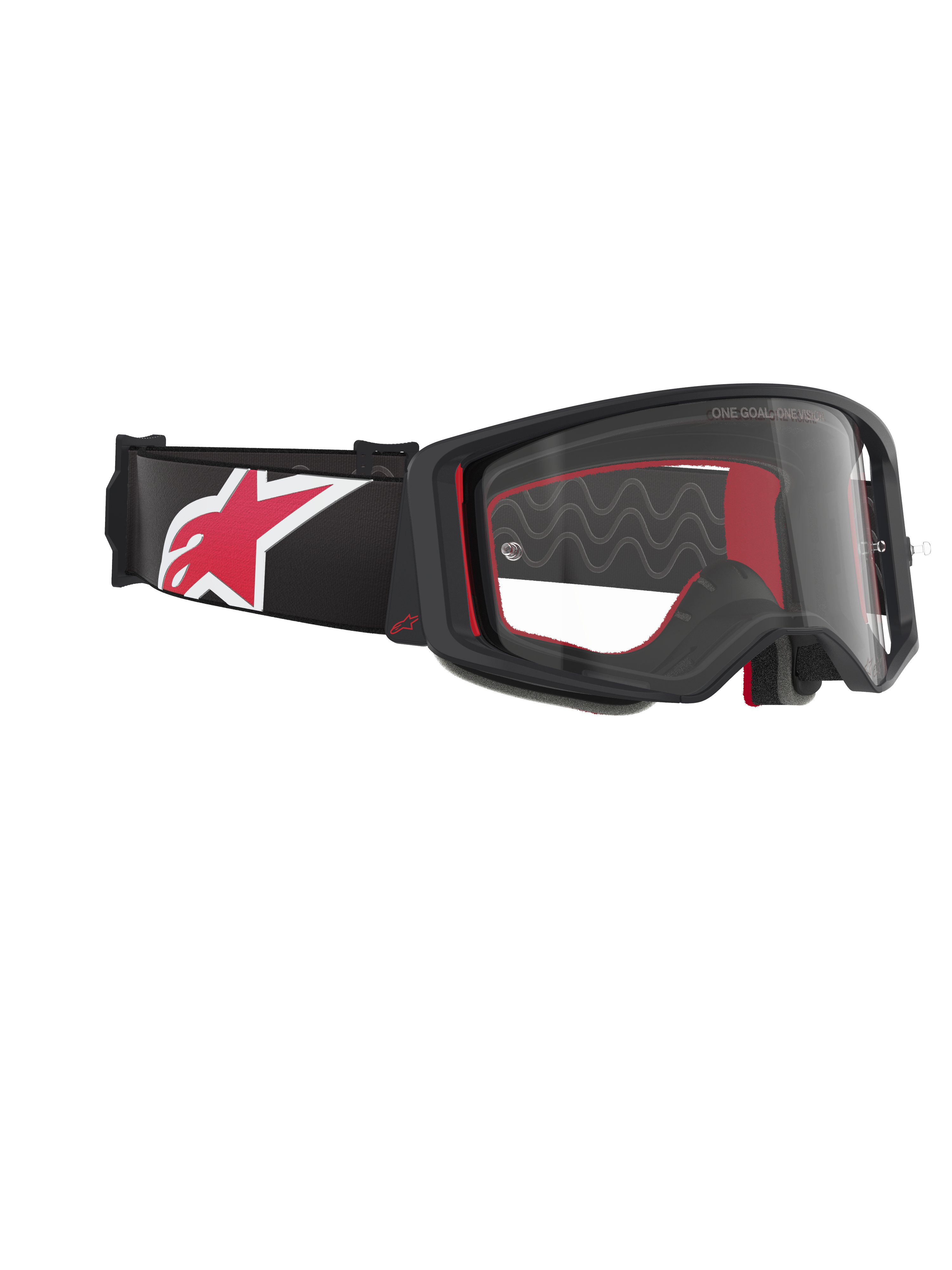 Alpinestars Supertech Corp Goggles, Motocross Goggles, Black Red and Clear, side-angled view featuring a clear lens and black frame, red interior padding, black strap with a large red and white Alpinestars logo, professional off-road eye protection