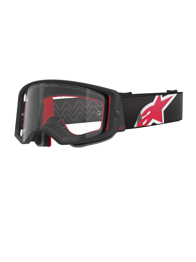 Alpinestars Supertech Corp Goggles, Black and Red frame with Clear Lens, black adjustable strap featuring a large red and white star logo, professional motocross eyewear designed for off-road racing