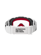 Alpinestars Supertech Corp Goggles, Motocross Goggles, White frame with Clear lens, rear view featuring white adjustable strap with black text 'ALPINESTARS ONE GOAL. ONE VISION.', black foam with red accents, high-performance off-road protective eyewear