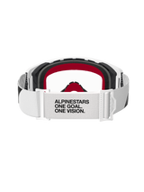 Alpinestars Supertech Corp Goggles, Motocross Goggles, White frame with Clear lens, rear view featuring white adjustable strap with black text 'ALPINESTARS ONE GOAL. ONE VISION.', black foam with red accents, high-performance off-road protective eyewear