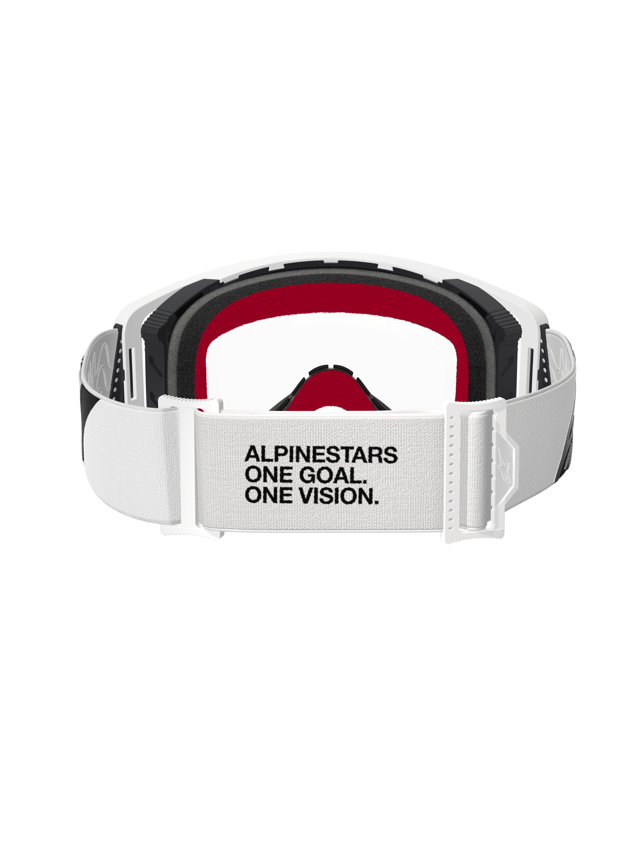 Alpinestars Supertech Corp Goggles, Motocross Goggles, White frame with Clear lens, rear view featuring white adjustable strap with black text 'ALPINESTARS ONE GOAL. ONE VISION.', black foam with red accents, high-performance off-road protective eyewear