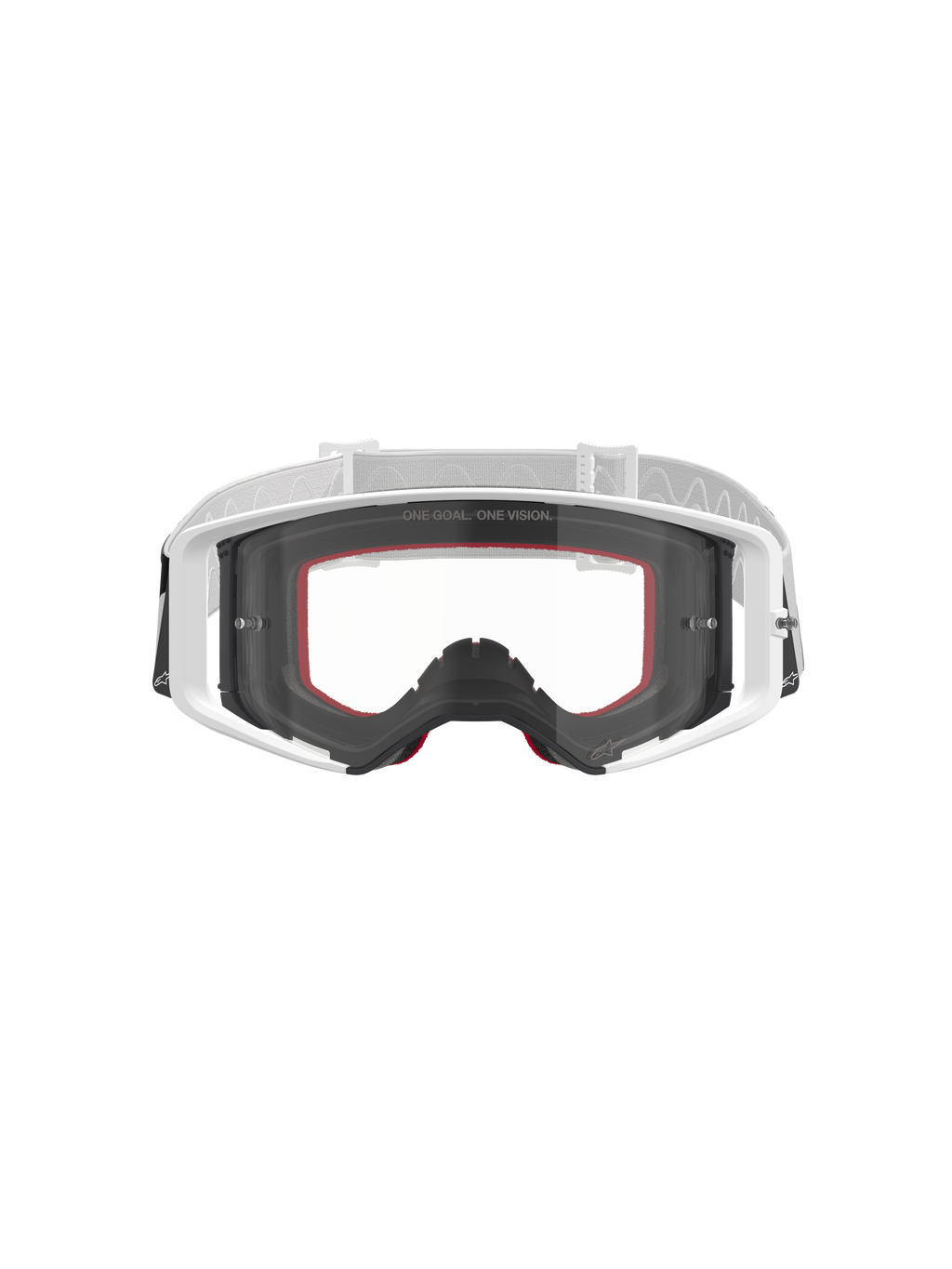 Alpinestars Supertech Corp Goggles, Motocross Goggles, White with Clear Lens, white and light grey adjustable strap, featuring 'ONE GOAL. ONE VISION.' text on the lens, red accents on the face foam, high-performance protective gear for off-road racing