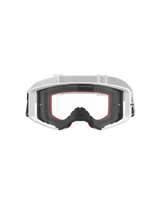 Alpinestars Supertech Corp Goggles, Motocross Goggles, White with Clear Lens, white and light grey adjustable strap, featuring 'ONE GOAL. ONE VISION.' text on the lens, red accents on the face foam, high-performance protective gear for off-road racing