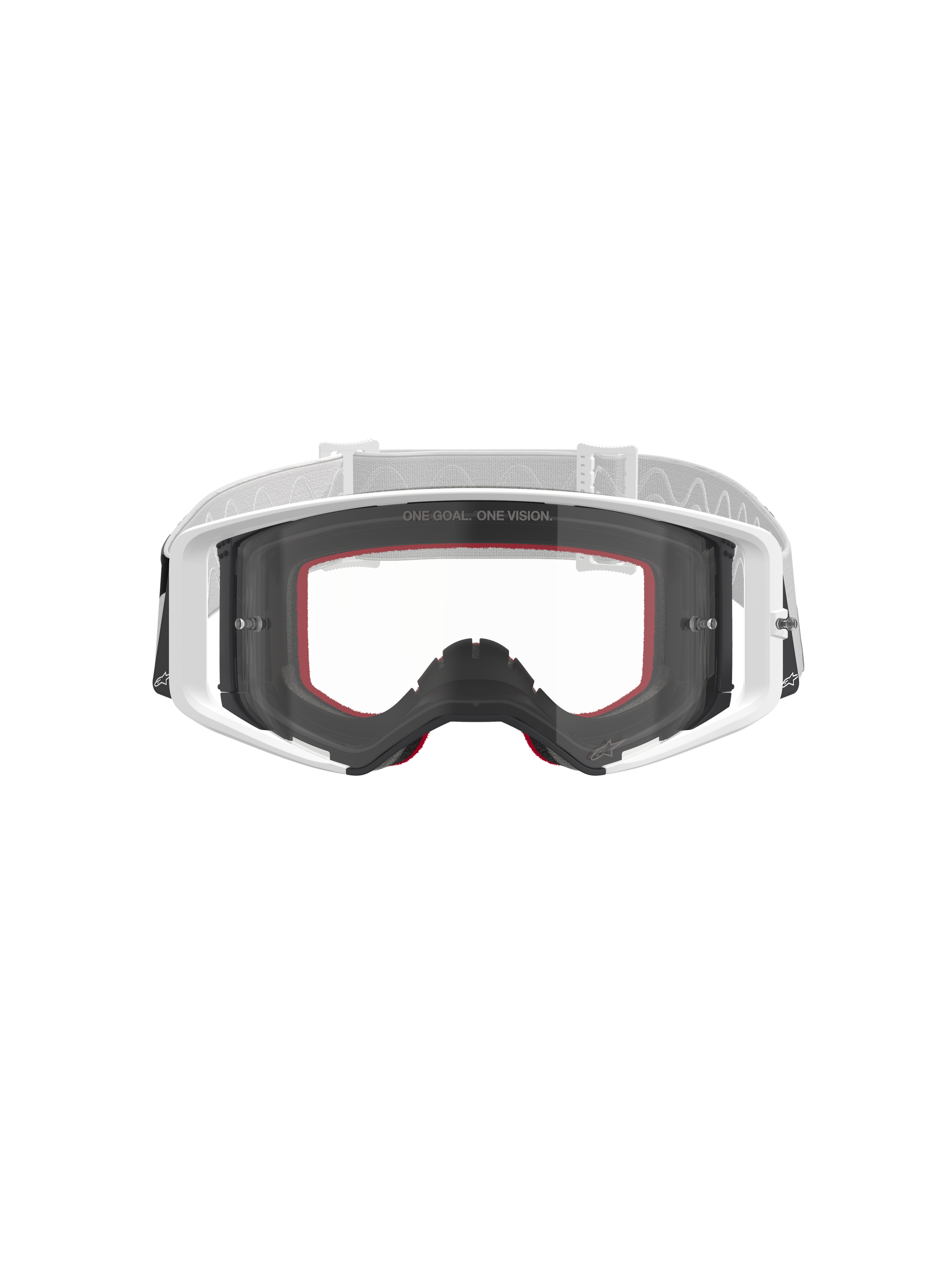 Alpinestars Supertech Corp Goggles, Motocross Goggles, White with Clear Lens, white and light grey adjustable strap, featuring 'ONE GOAL. ONE VISION.' text on the lens, red accents on the face foam, high-performance protective gear for off-road racing