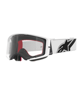Alpinestars Supertech Corp Goggles, Motocross Goggles, White and Clear, white frame with clear polycarbonate lens, white strap with prominent black Alpinestars logo, red and black multi-layer face foam