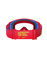 Alpinestars Supertech Corp Goggles, Red and Blue, rear view showing the strap with yellow text 'ALPINESTARS ONE GOAL. ONE VISION.', black face foam, off-road motocross eyewear