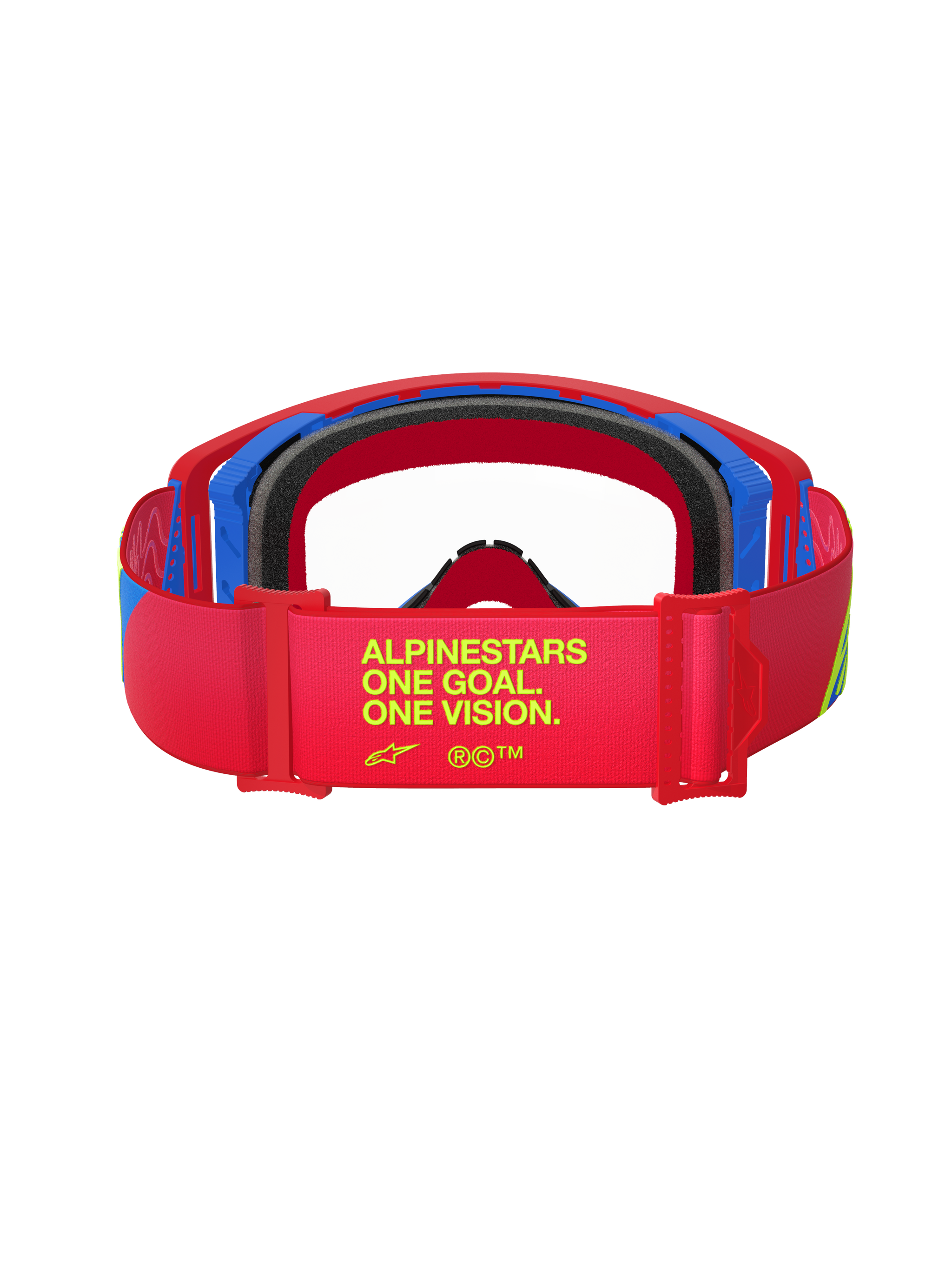 Alpinestars Supertech Corp Goggles, Red and Blue, rear view showing the strap with yellow text 'ALPINESTARS ONE GOAL. ONE VISION.', black face foam, off-road motocross eyewear