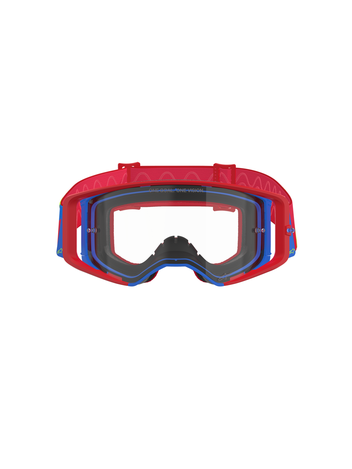 Alpinestars Supertech Corp Goggles, Motocross Goggles, Red and Blue with Clear lens, red outer frame and blue inner frame, red strap with wavy silicone pattern, performance eyewear for off-road racing