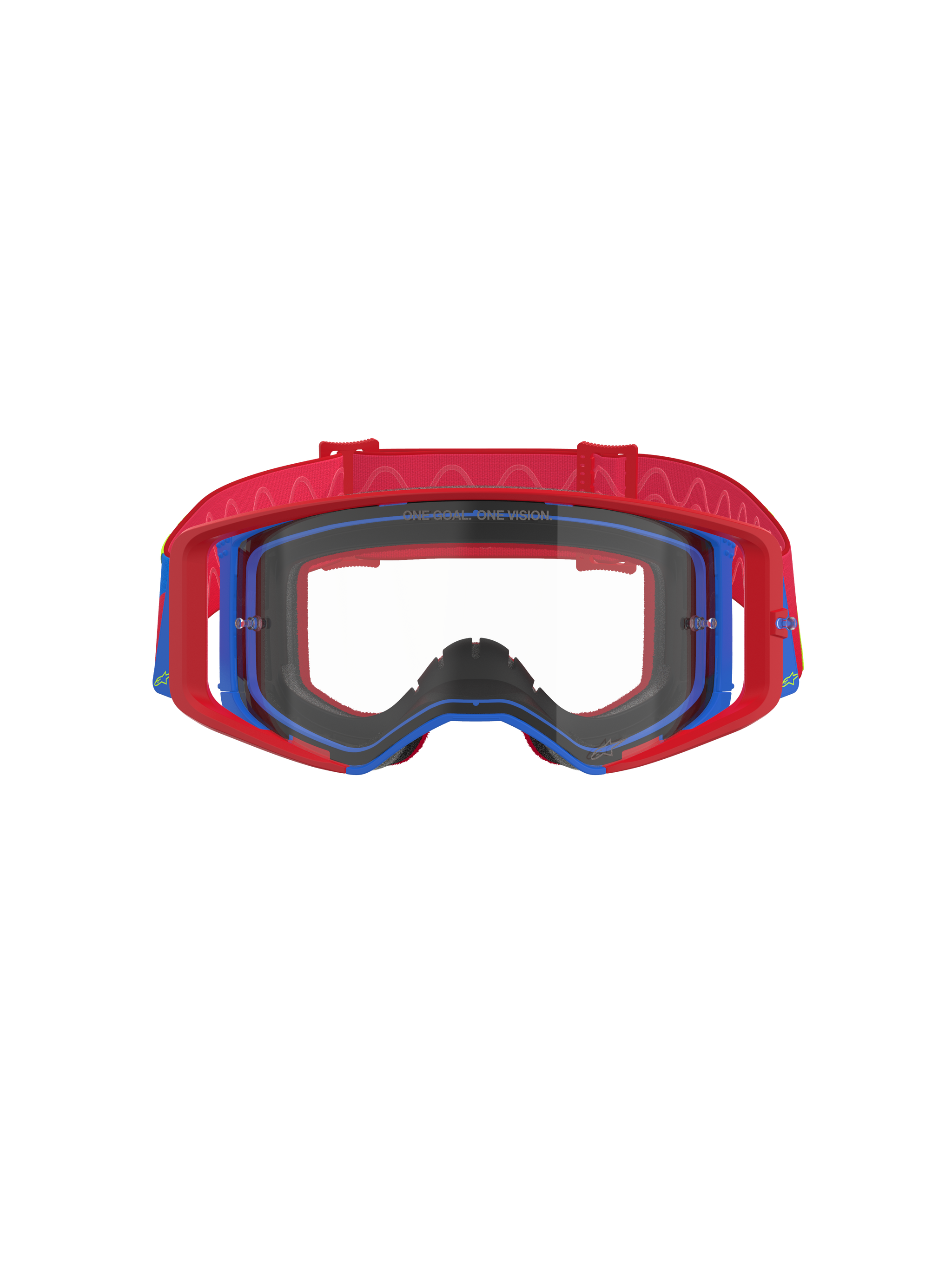 Alpinestars Supertech Corp Goggles, Motocross Goggles, Red and Blue with Clear lens, red outer frame and blue inner frame, red strap with wavy silicone pattern, performance eyewear for off-road racing
