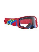 Alpinestars Supertech Corp Goggles, Motocross Goggles, Red and Blue frame with a Clear lens, Red and Blue strap featuring a large yellow and blue star logo, professional eye protection for off-road racing