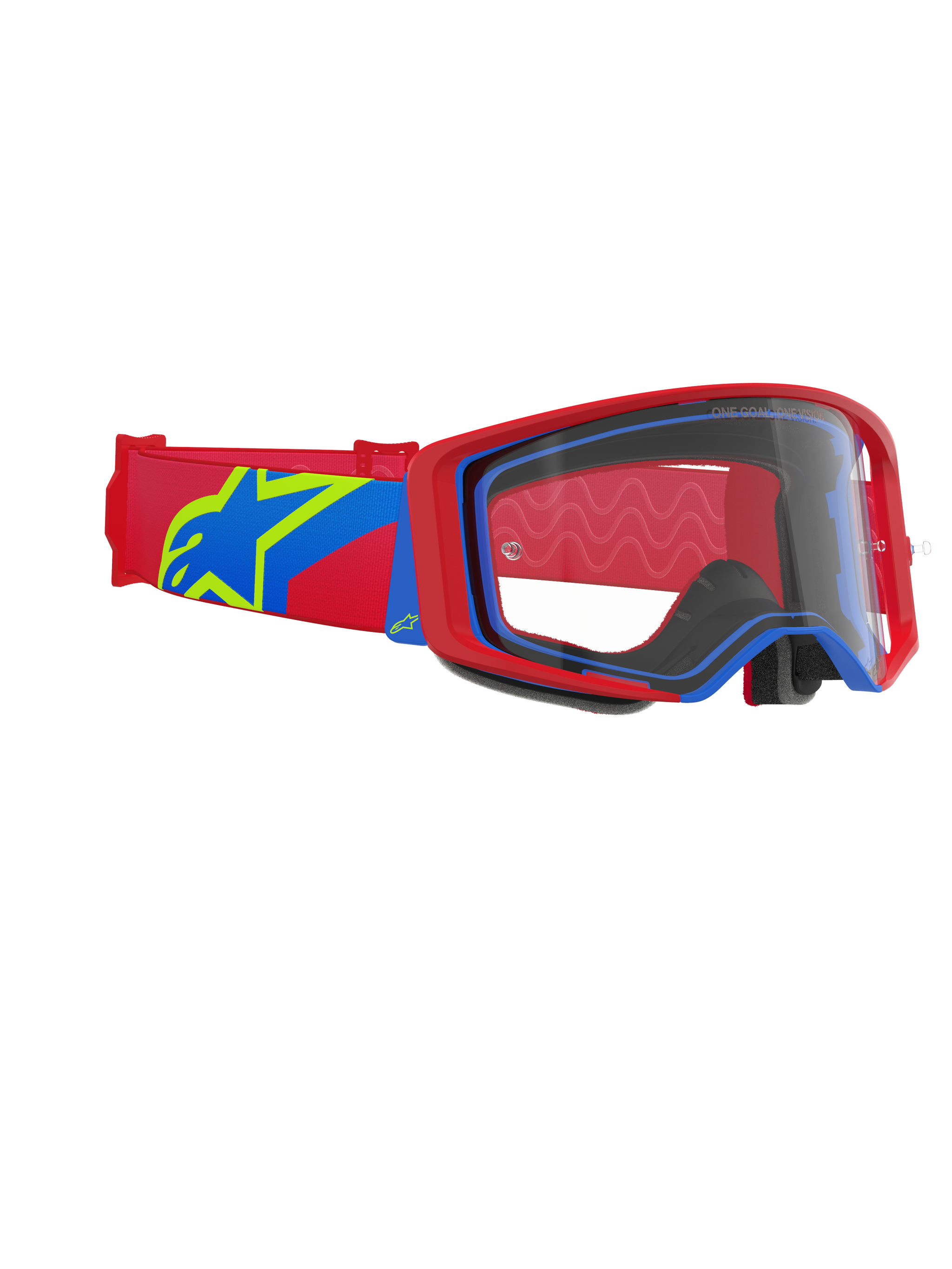 Alpinestars Supertech Corp Goggles, Motocross Goggles, Red and Blue frame with a Clear lens, Red and Blue strap featuring a large yellow and blue star logo, professional eye protection for off-road racing