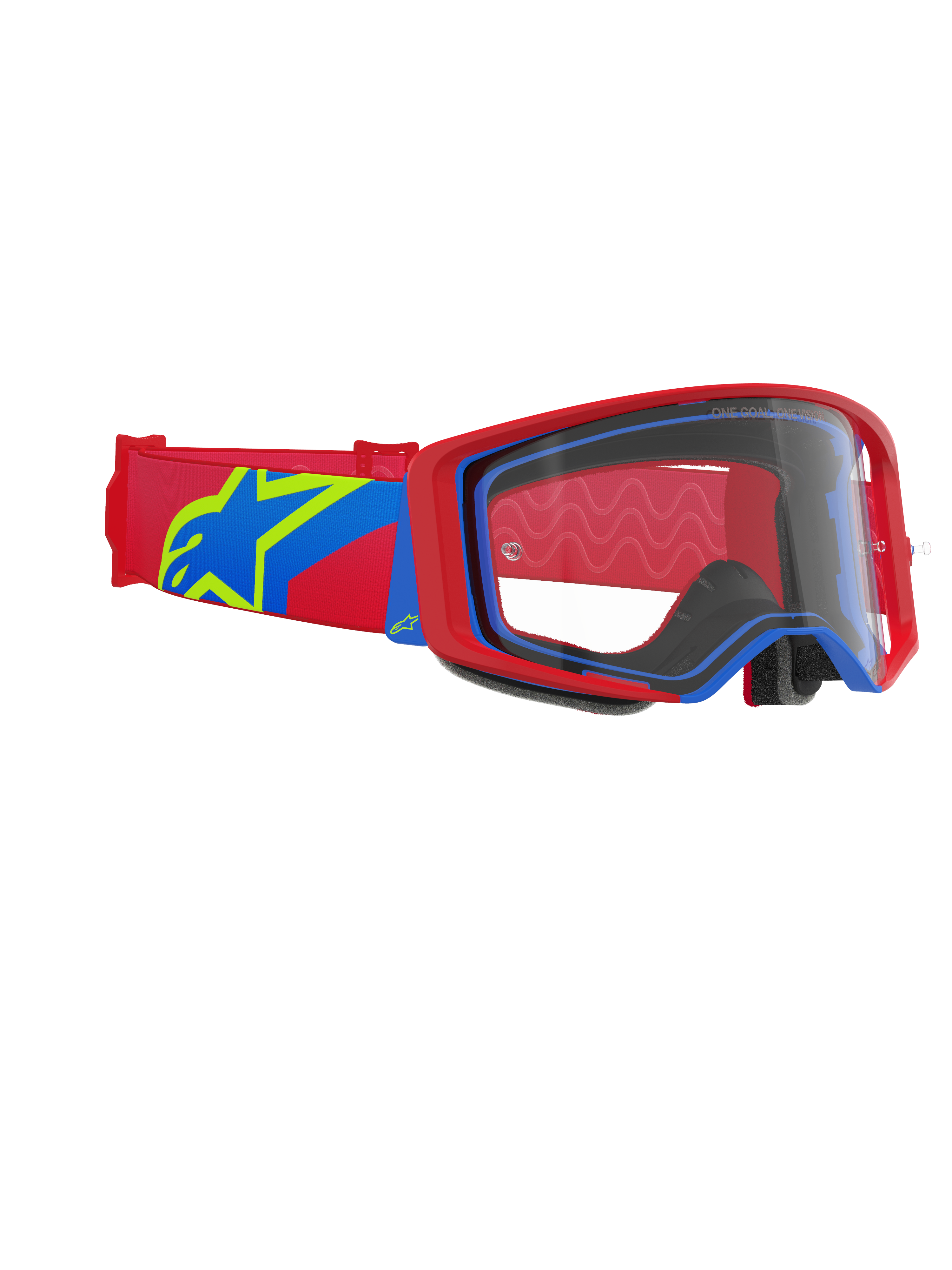 Alpinestars Supertech Corp Goggles, Motocross Goggles, Red and Blue frame with a Clear lens, Red and Blue strap featuring a large yellow and blue star logo, professional eye protection for off-road racing