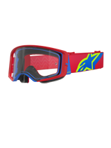 Alpinestars Supertech Corp Goggles, Motocross Goggles, Red and Blue with Clear Lens, featuring a red adjustable strap with a large blue and lime green star logo, multi-layer face foam for comfort, high-performance eye protection for off-road racing